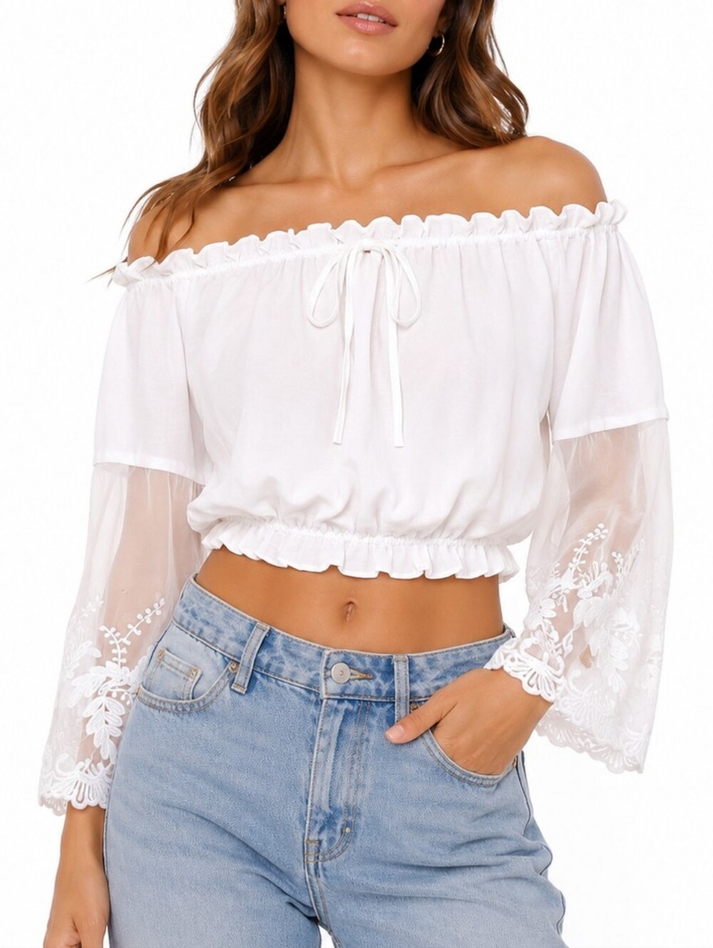 White Crop Top Gathered Off Shoulder Long Sleeve Lace Dirndl Milkmaid Style